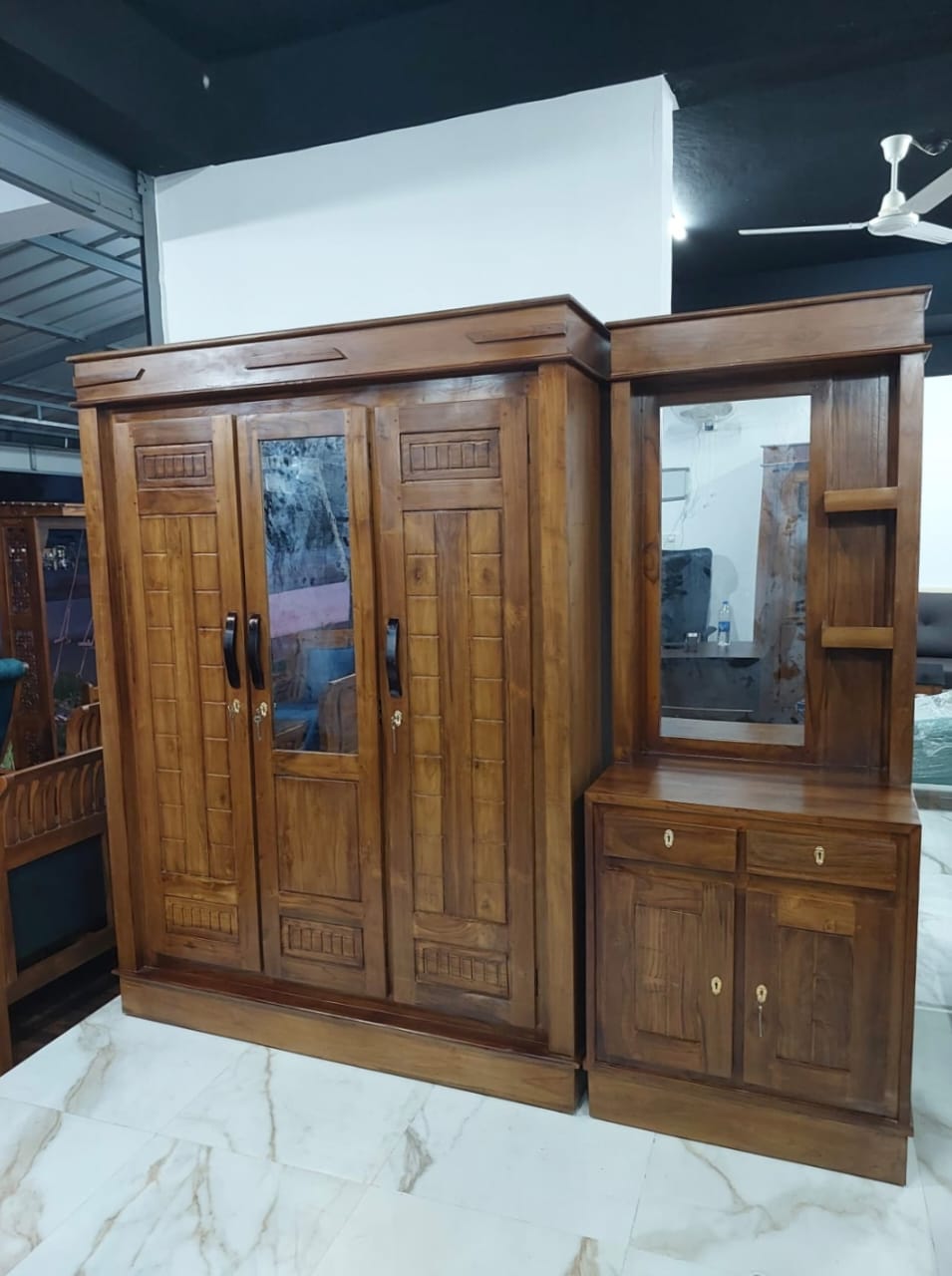 Wooden bedroom set with wardrobe and dressing table