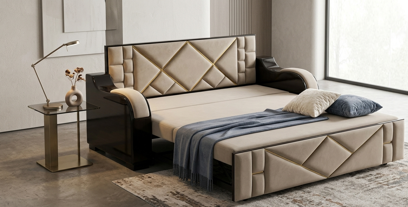 Beige diamond-tufted sofa-cum-bed with gold trim