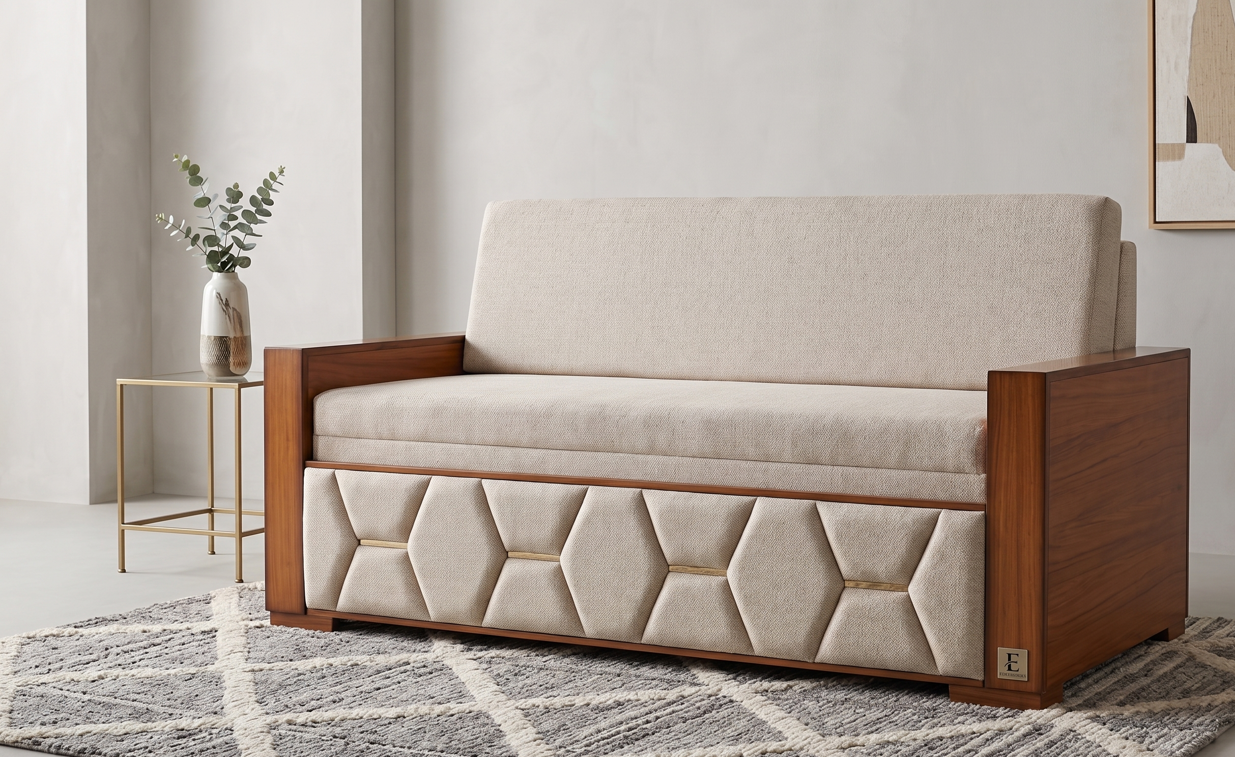 Cream fabric sofa-cum-bed with wood frame