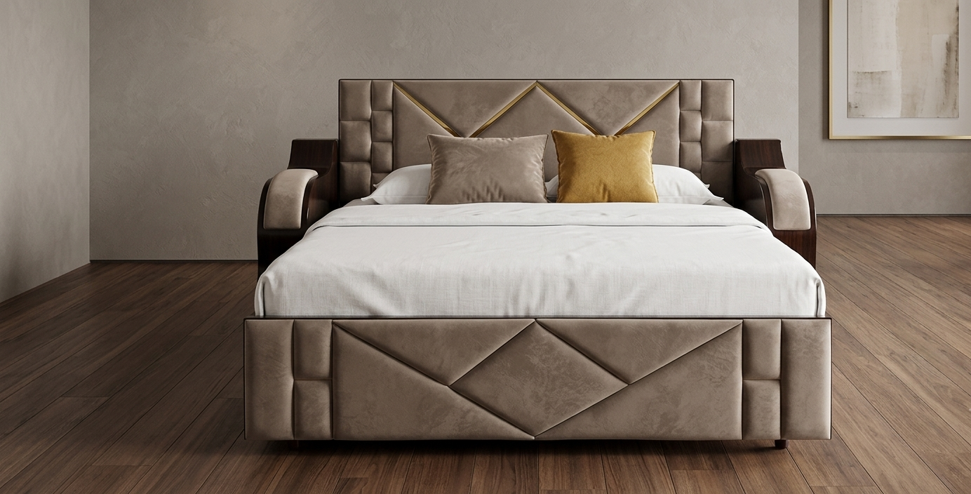 Taupe velvet upholstered bed with gold trim