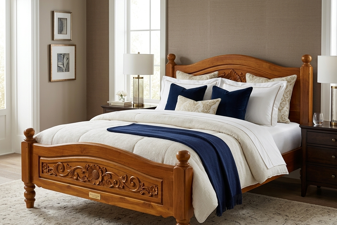 Classic carved teak bed with floral headboard