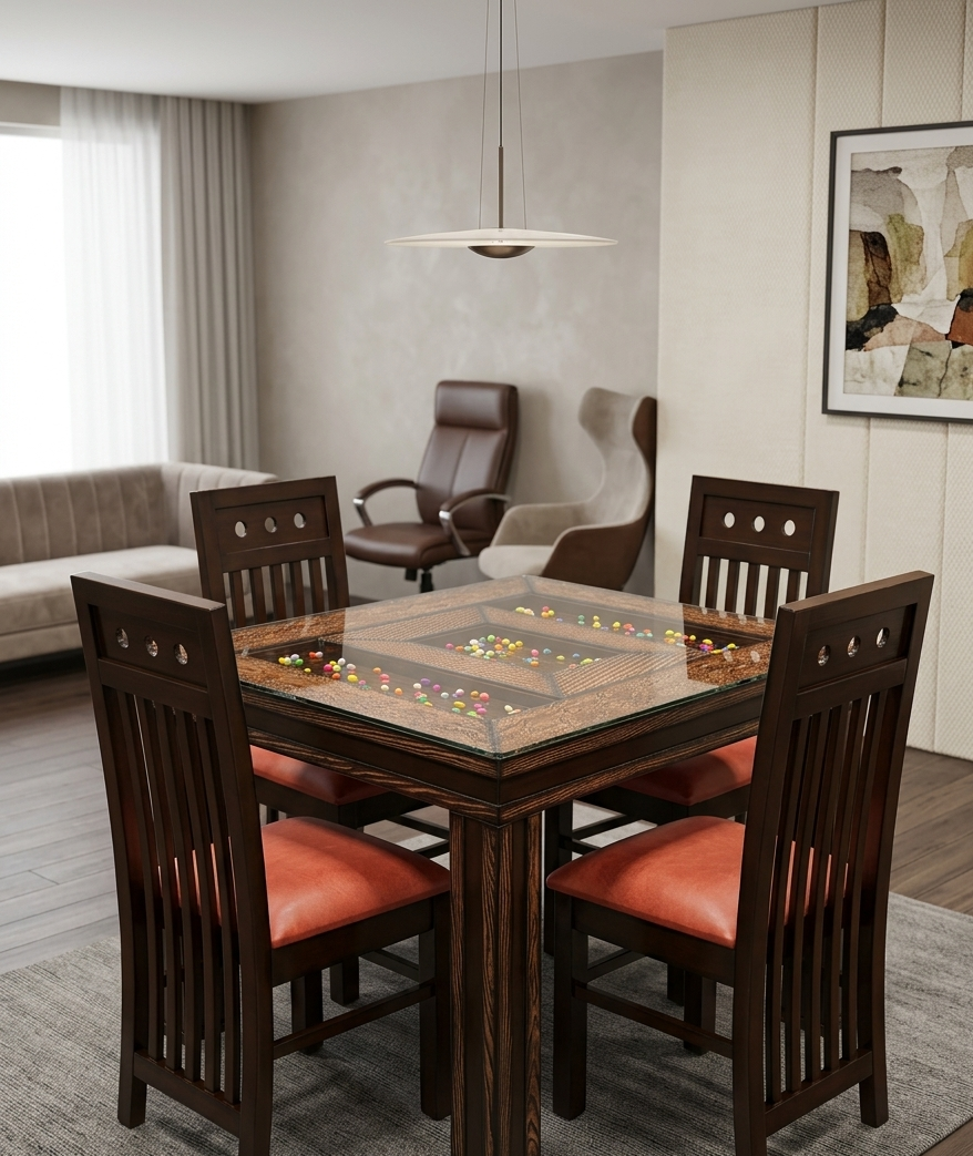 4 seater wooden dining set with glass top