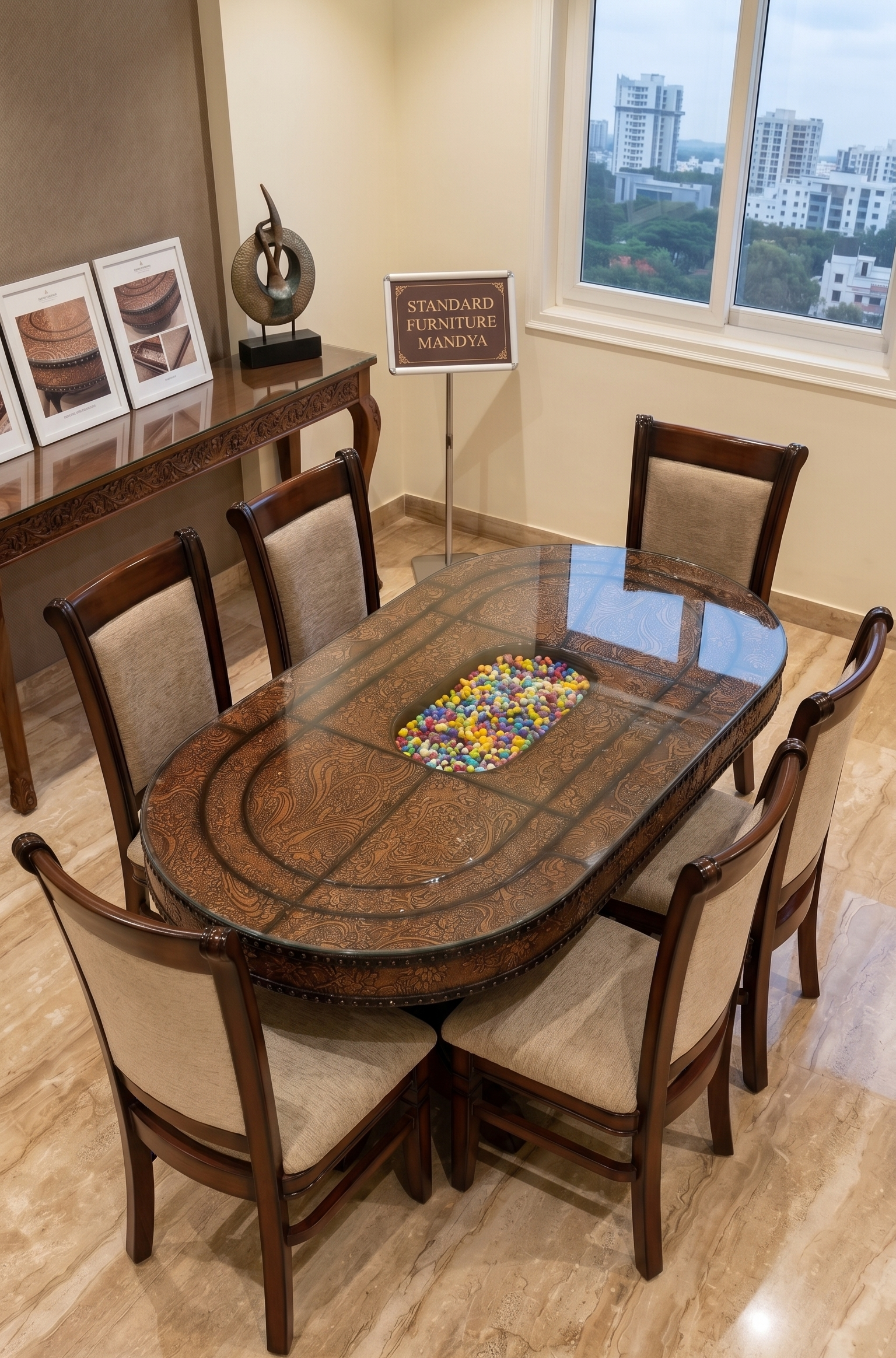 6 seater oval dining set in showroom