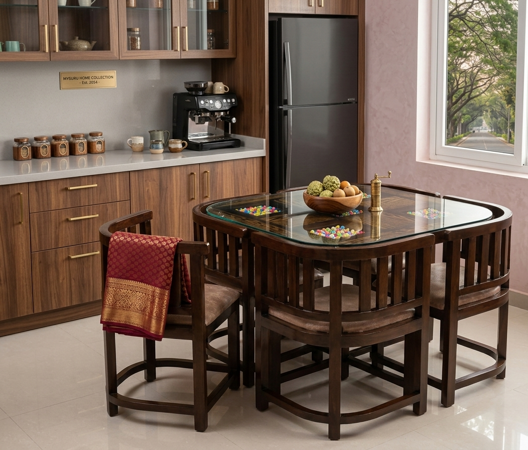 Compact 4 seater dining set with glass top