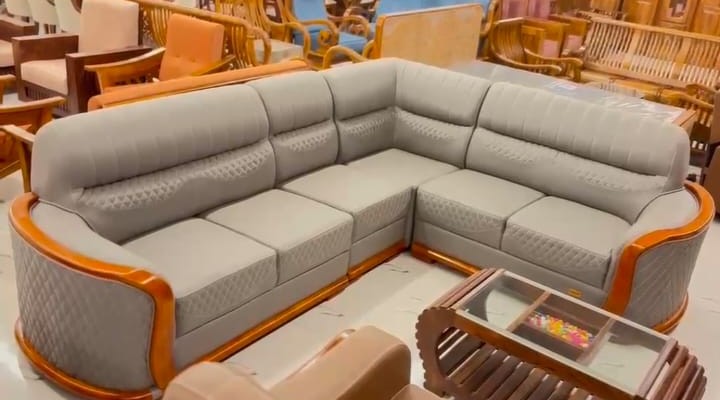 Grey corner sofa set with wooden trim