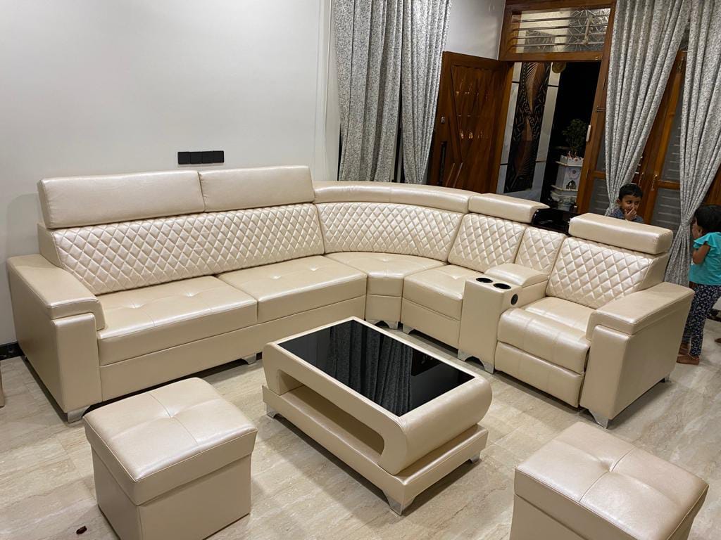 Cream leatherette corner sofa set with recliner