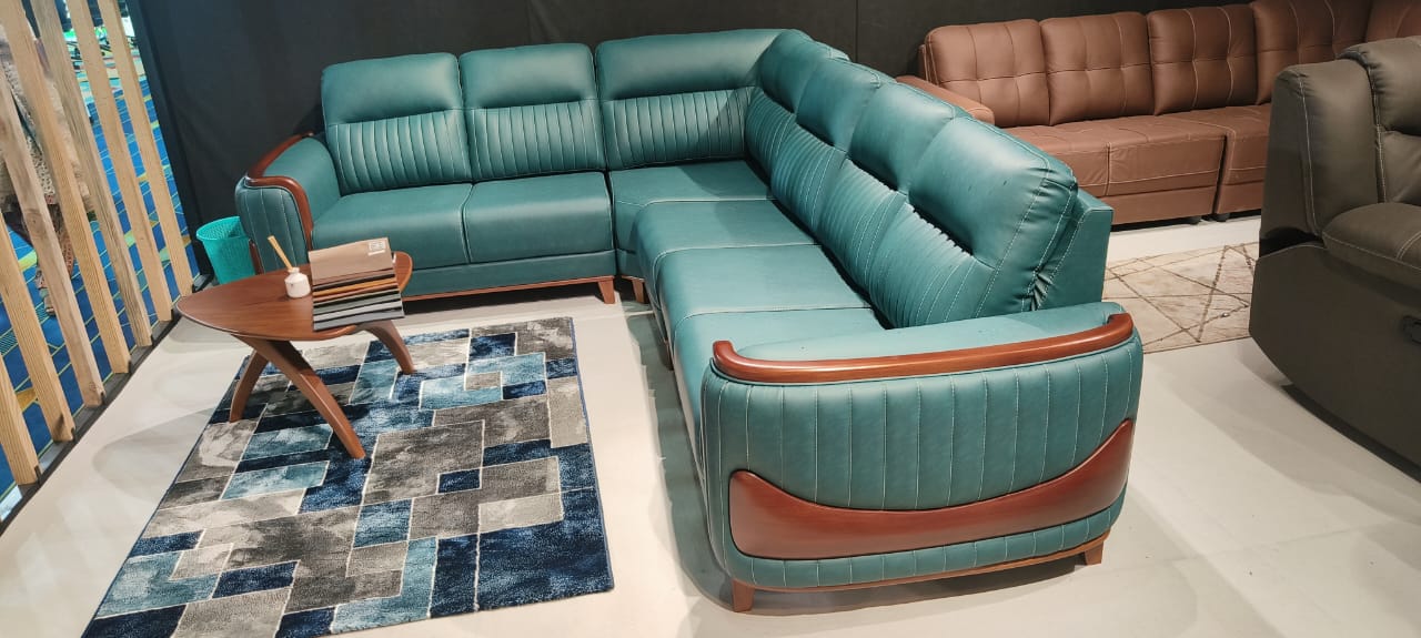 Teal corner sofa set with wood trim
