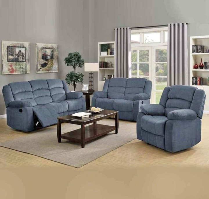 Blue reclining sofa set of three