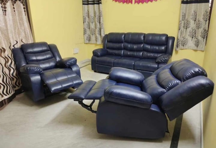 Navy blue leatherette reclining sofa set