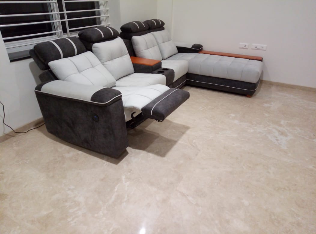 Grey and white reclining corner sofa with console