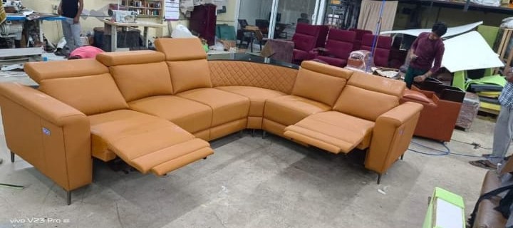Camel reclining corner sofa