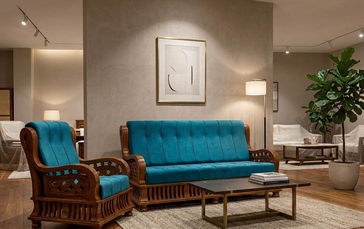 Teal velvet sofa set with carved wood frame