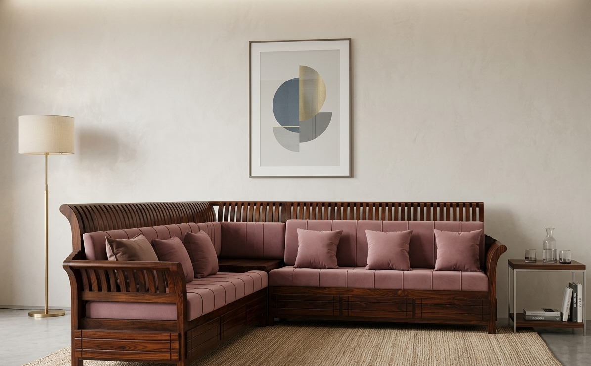 Blush pink cushions on slatted wood corner sofa