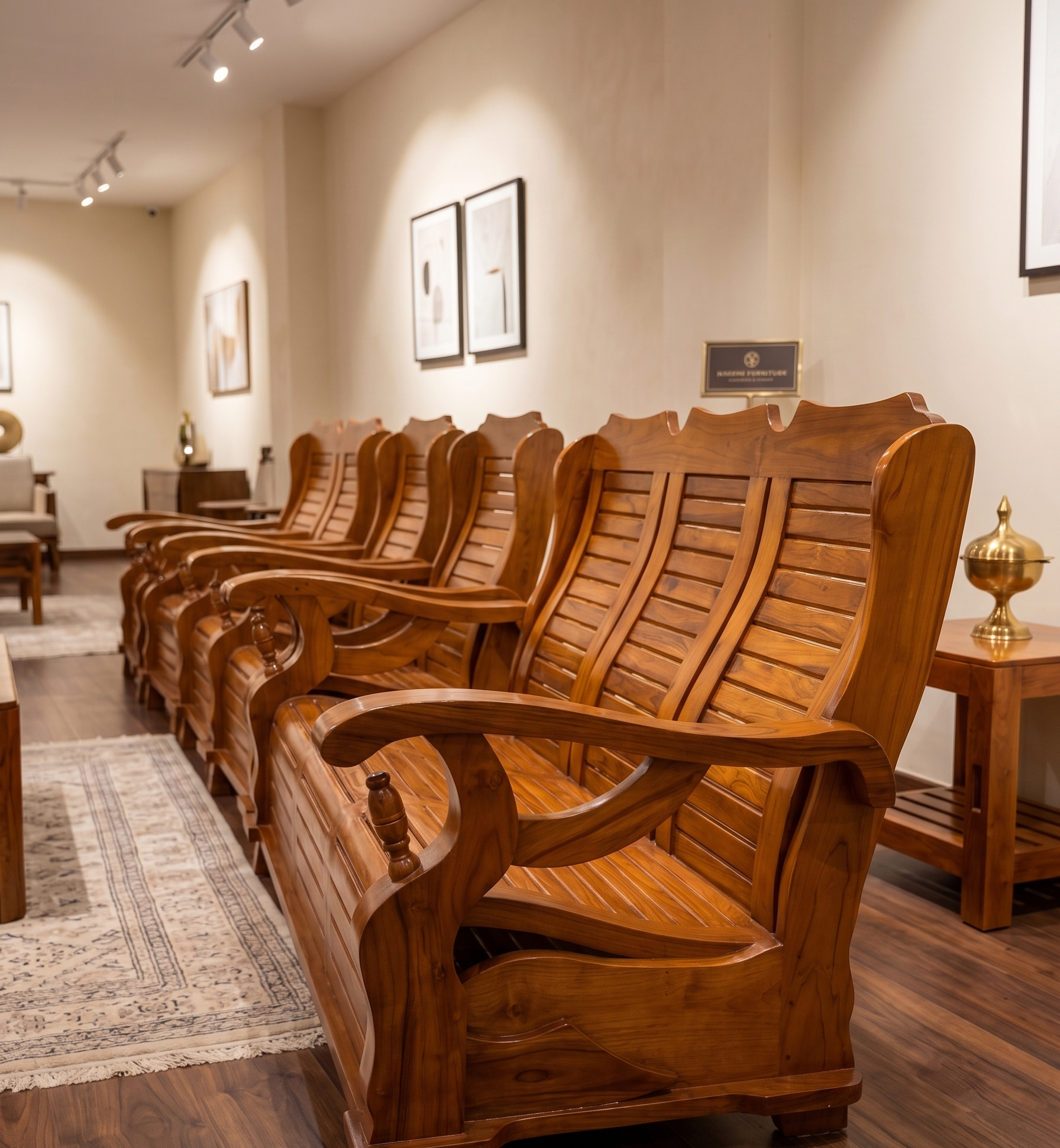 Teak wingback sofa row in showroom