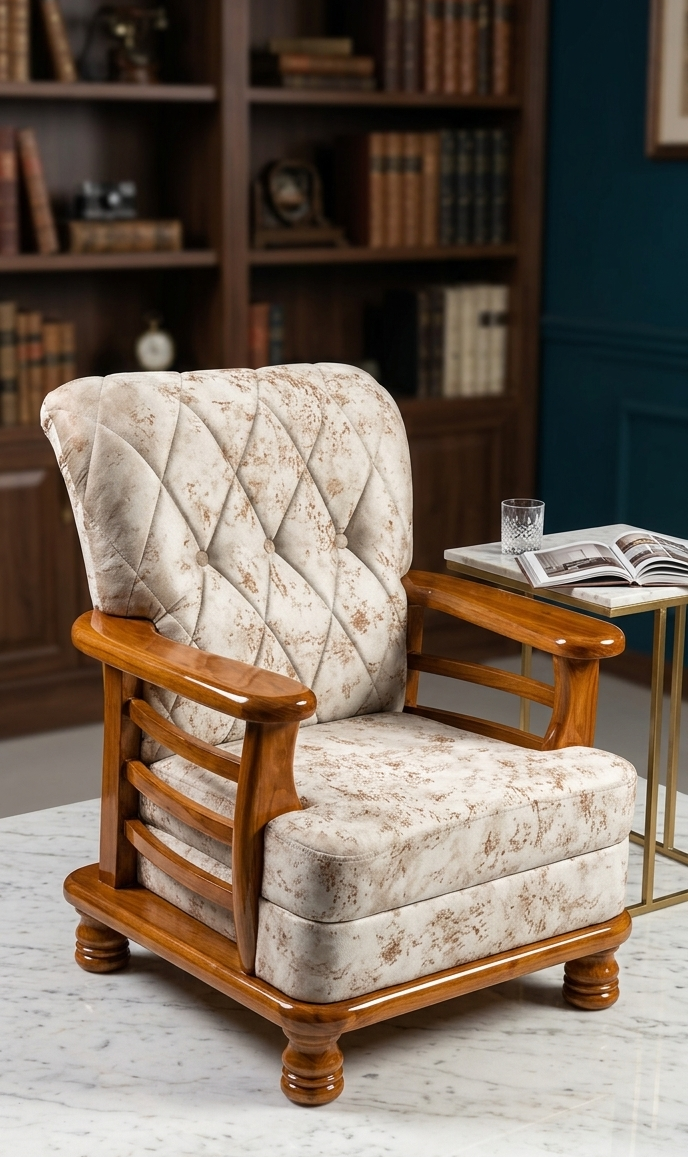 Cream tufted armchair with polished wood arms