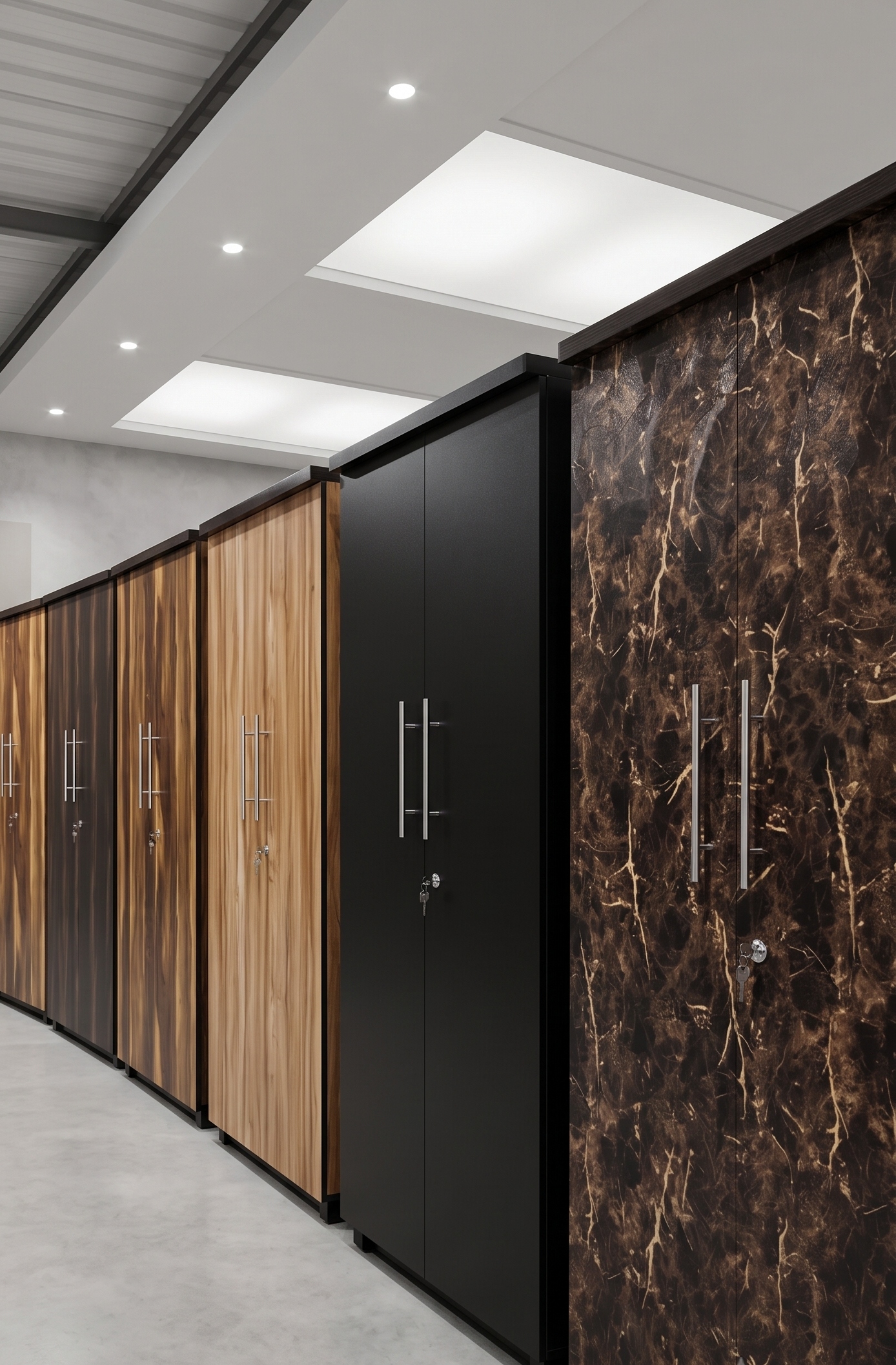Row of wooden wardrobes in different finishes