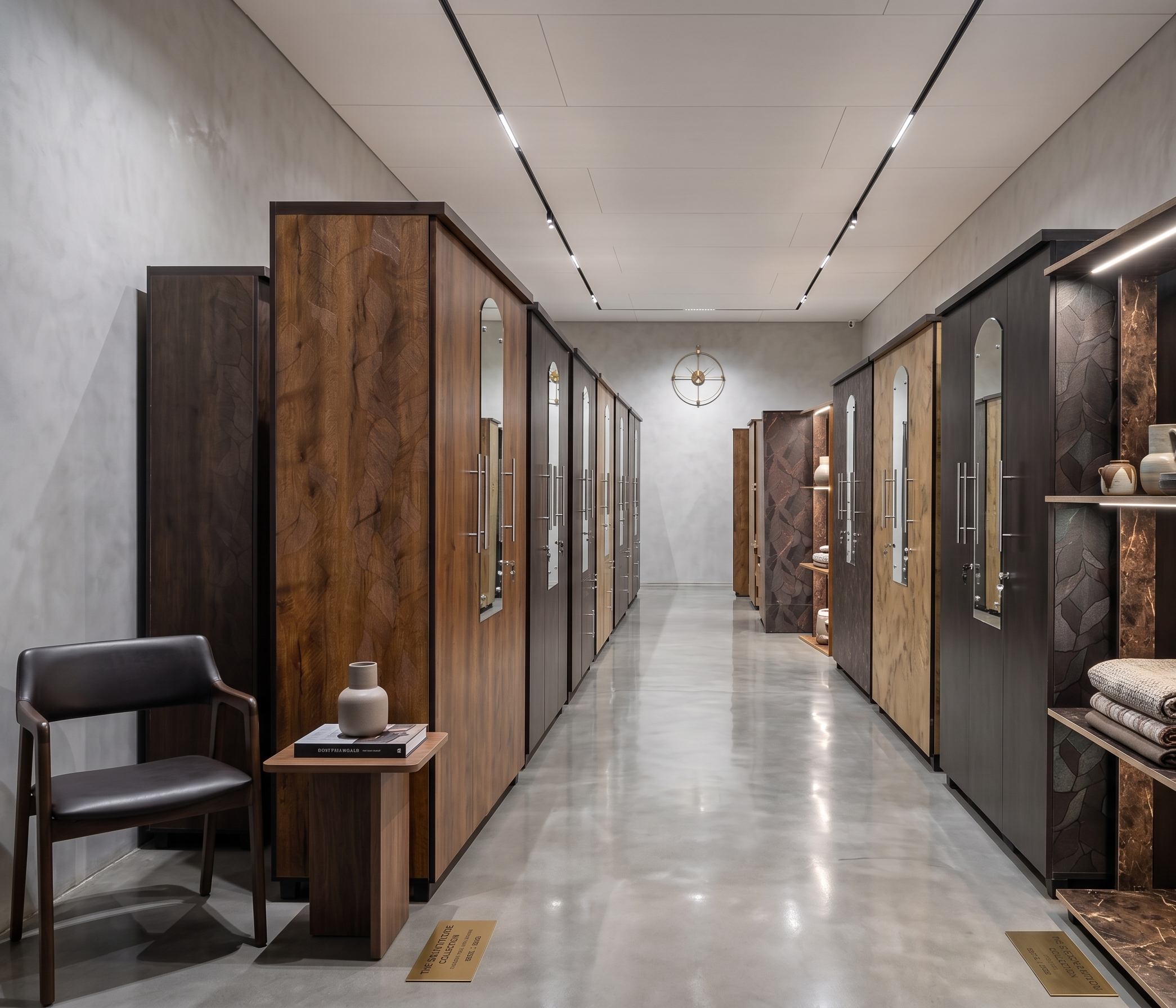 Showroom hallway lined with wooden wardrobes